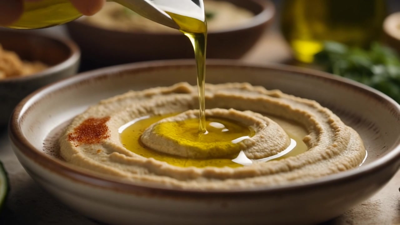 Versare olio d'oliva su hummus fresco in una ciotola di ceramica