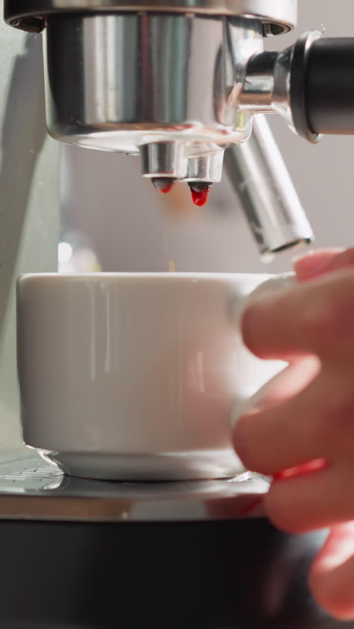 la mujer hace café usando una máquina de primer plano. la mano de la dama sostiene una taza de cerámica bajo las gotas de bebida que caen de la cafetera en casa. mañana cómoda
