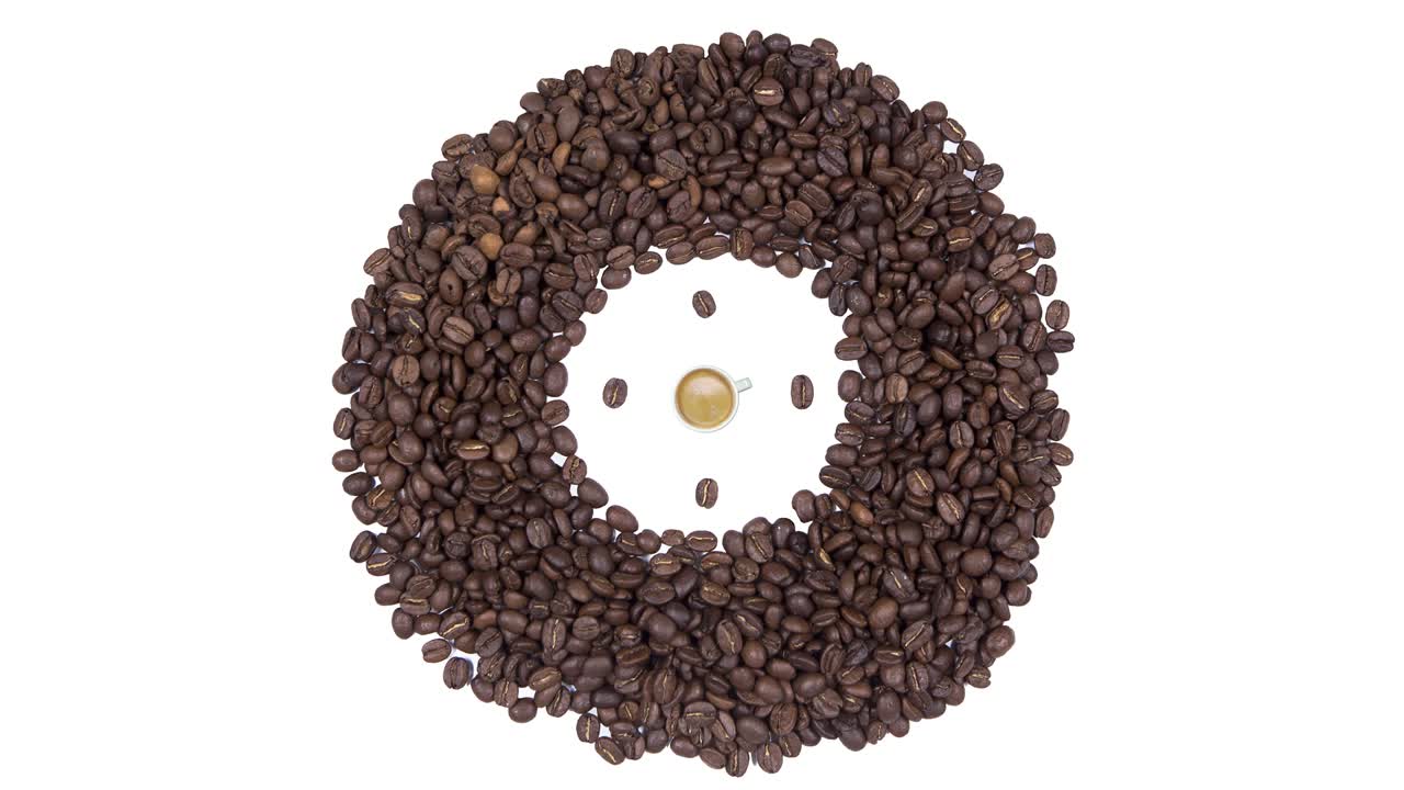 Coffee Time - Cup of coffee with foam and clock of coffee beans, seamless loop animation isolated on a white background