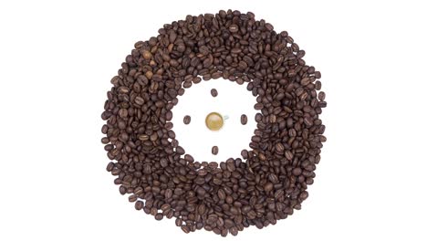 hora del café - taza de café con espuma y reloj de granos de café, animación de bucle sin costuras aislada sobre un fondo blanco