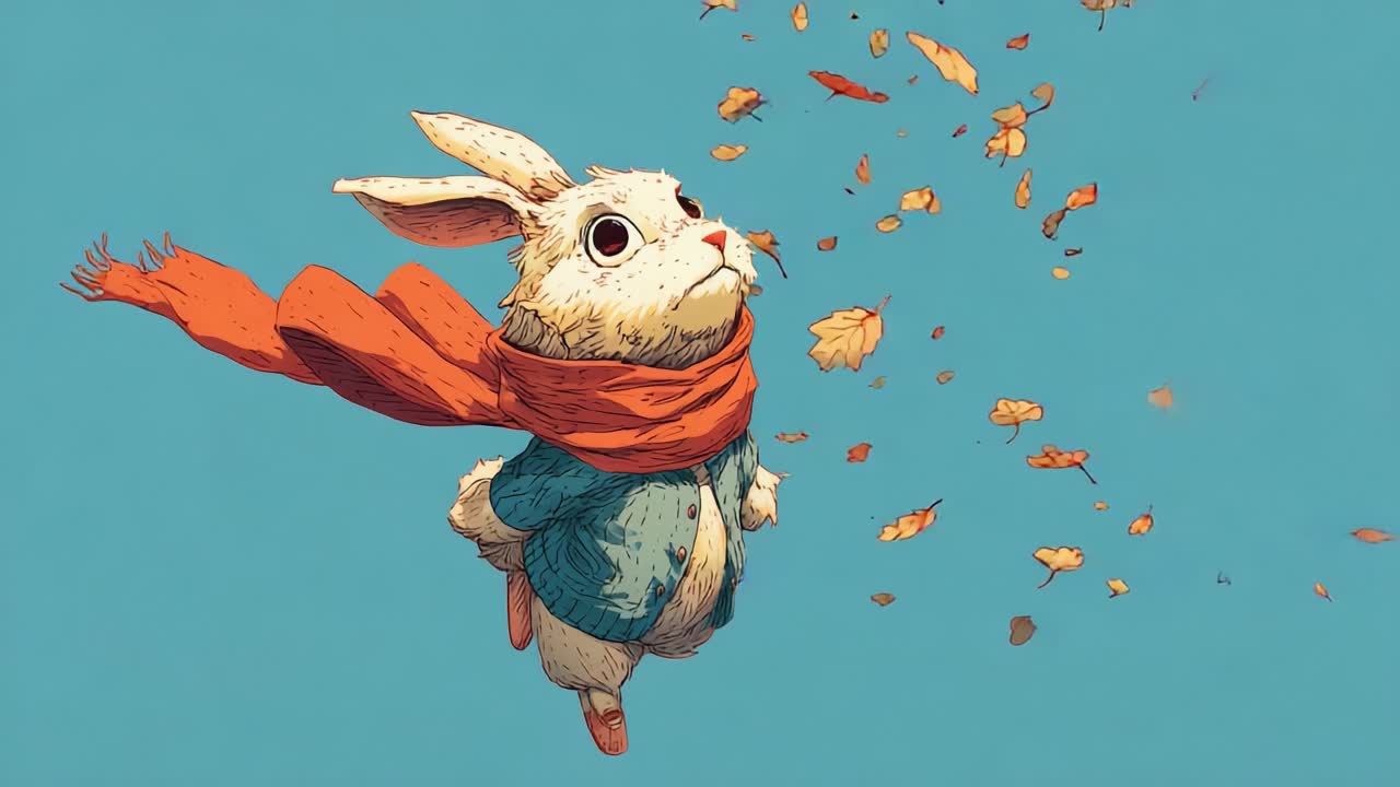 A whimsical and adventurous rabbit character in a vibrant setting, adorned in a cozy blue outfit and a flowing orange scarf, joyfully leaping amidst swirling autumn leaves