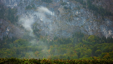 misty clouds enveloping forested mountain base, with autumnal foliage in the foreground time lapse