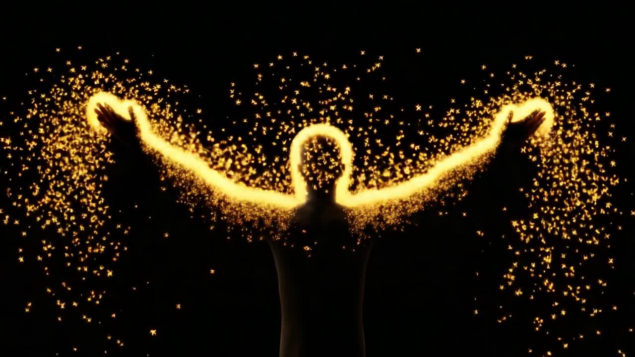 A mesmerizing dance of light unfolds as a figure stands with arms outstretched, surrounded by shimmering particles that create a captivating aura of gold against a dark backdrop, evoking a feeling of transcendence and wonder