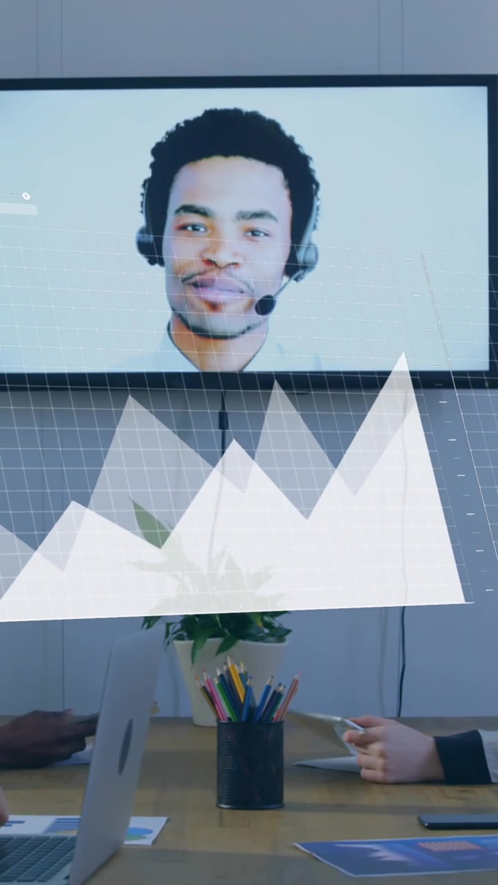 Animation of data processing over diverse business people using phone headsets