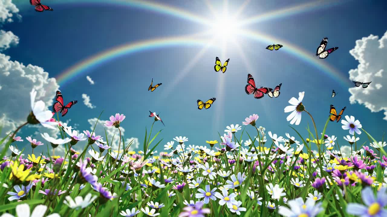 A vibrant, low-angle video shot of a colorful wildflower meadow with butterflies and a double