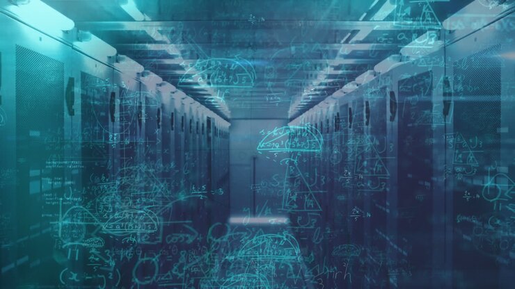 Animation of mathematical formulae floating over a data room background
