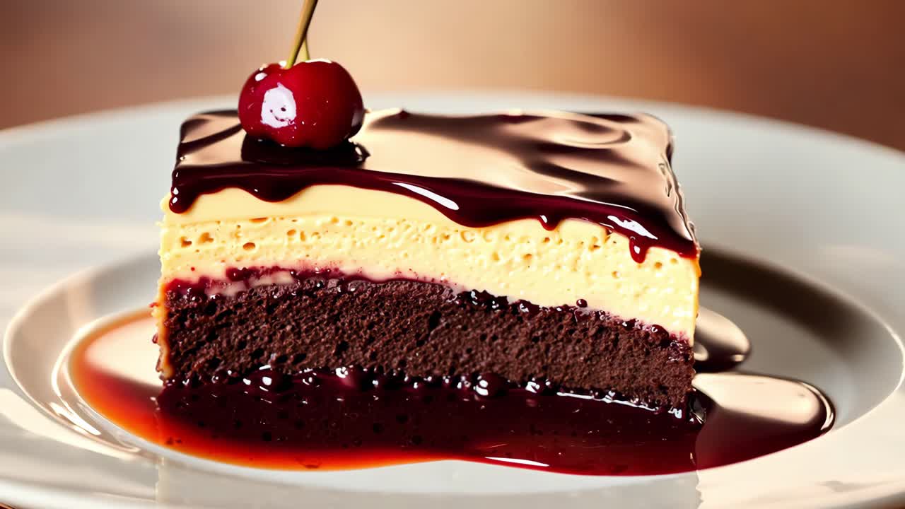Decadent Chocolate Cake Slice with Cherry and Ganache