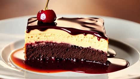 decadent chocolate cake slice with cherry and ganache