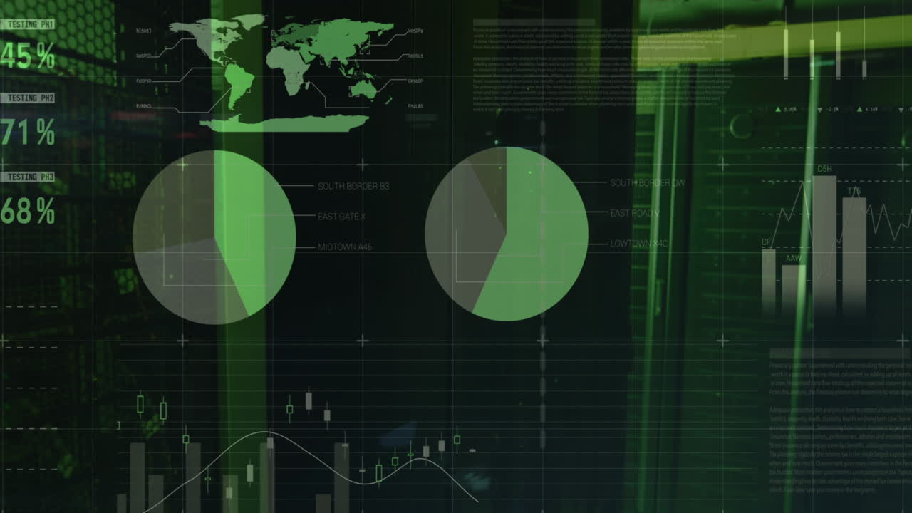 Animation of statistics and data processing over green lights of computer servers
