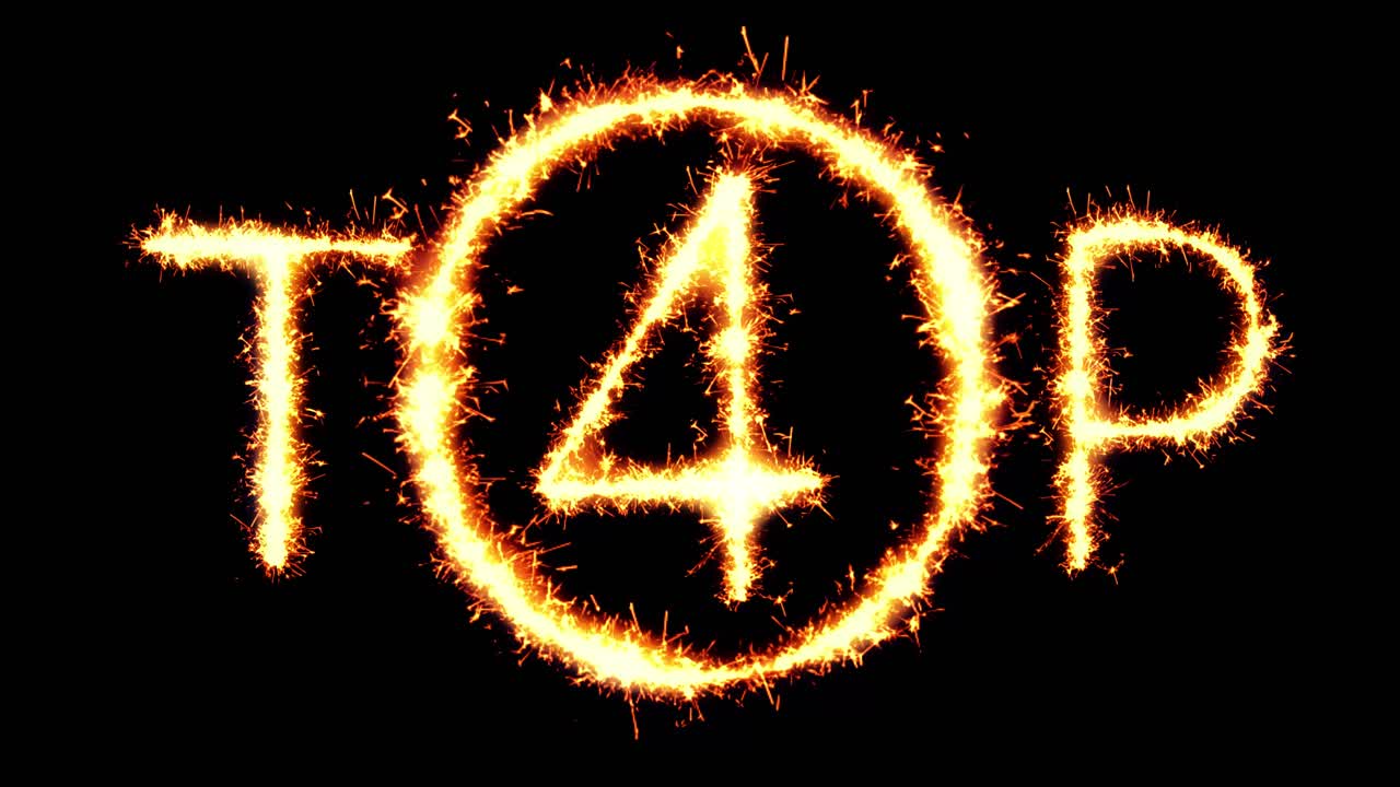 Top 4 text sparkler writing with glitter sparks particles firework on black 4k loop background