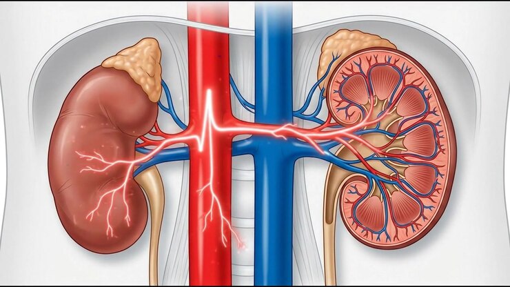 Pair of human kidneys connected to vena cava and aorta blood vessels