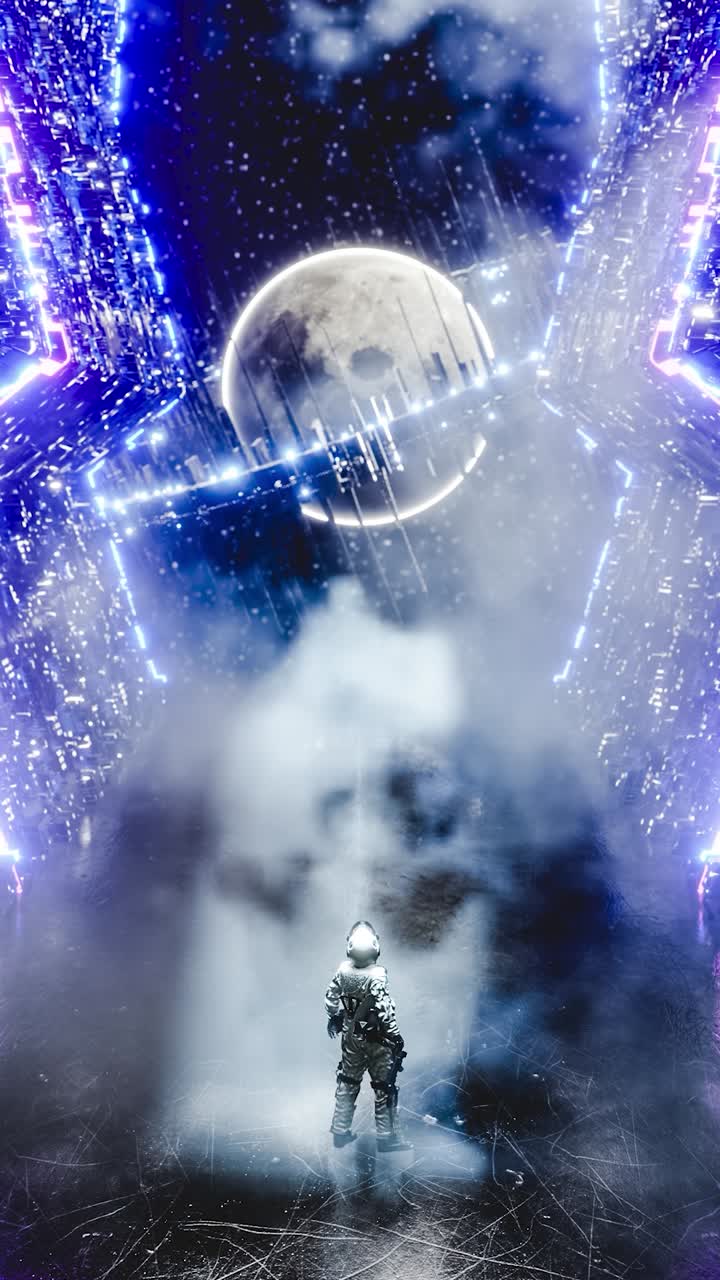 Astronaut admiring black hole from spaceship. 3d render