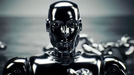 a futuristic metallic robot contemplates its existence in a digital realm, embodying the intersection of technology and humanity, radiating a mystical glow in a dystopian setting