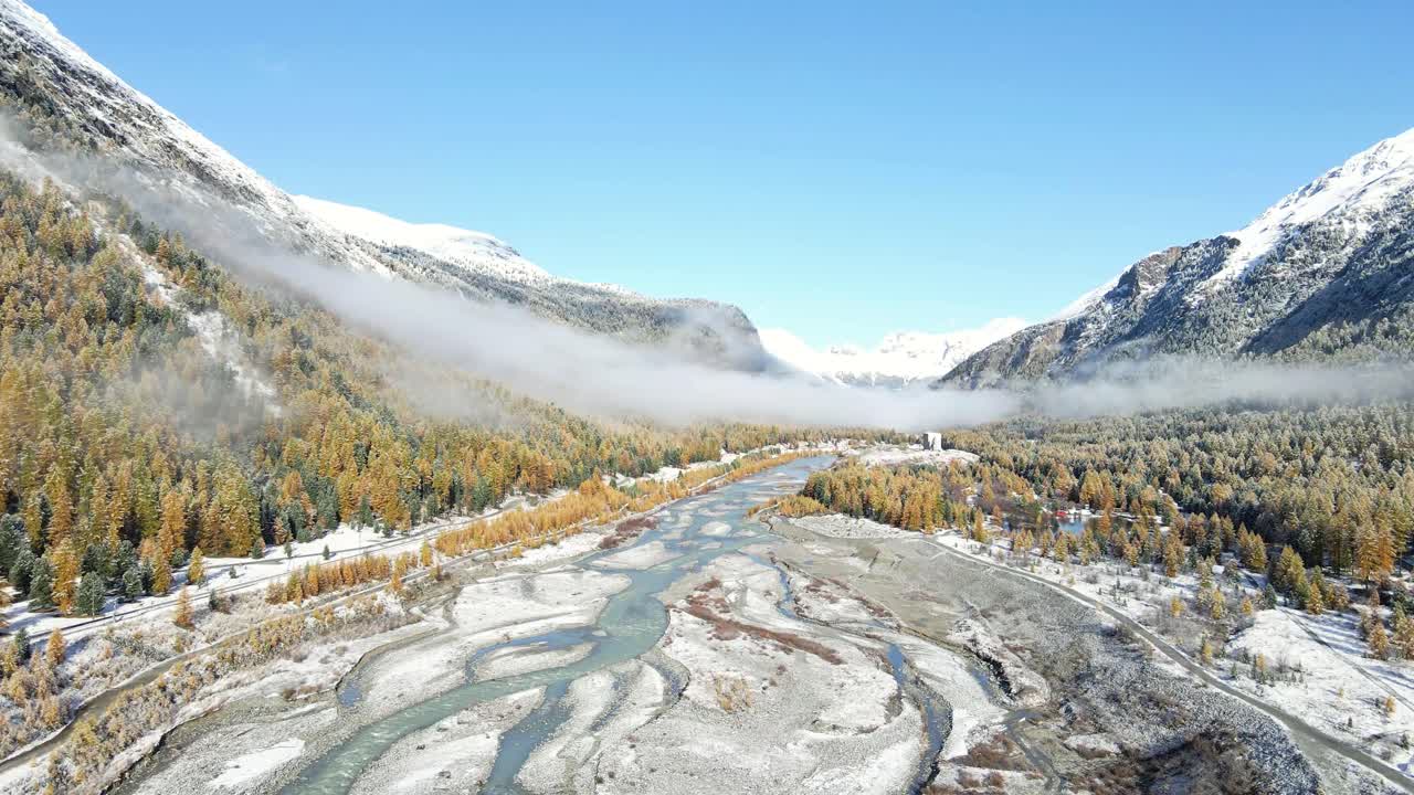 Stunning drone shot of Morteratsch, Ova da Bernina river in Switzerland.