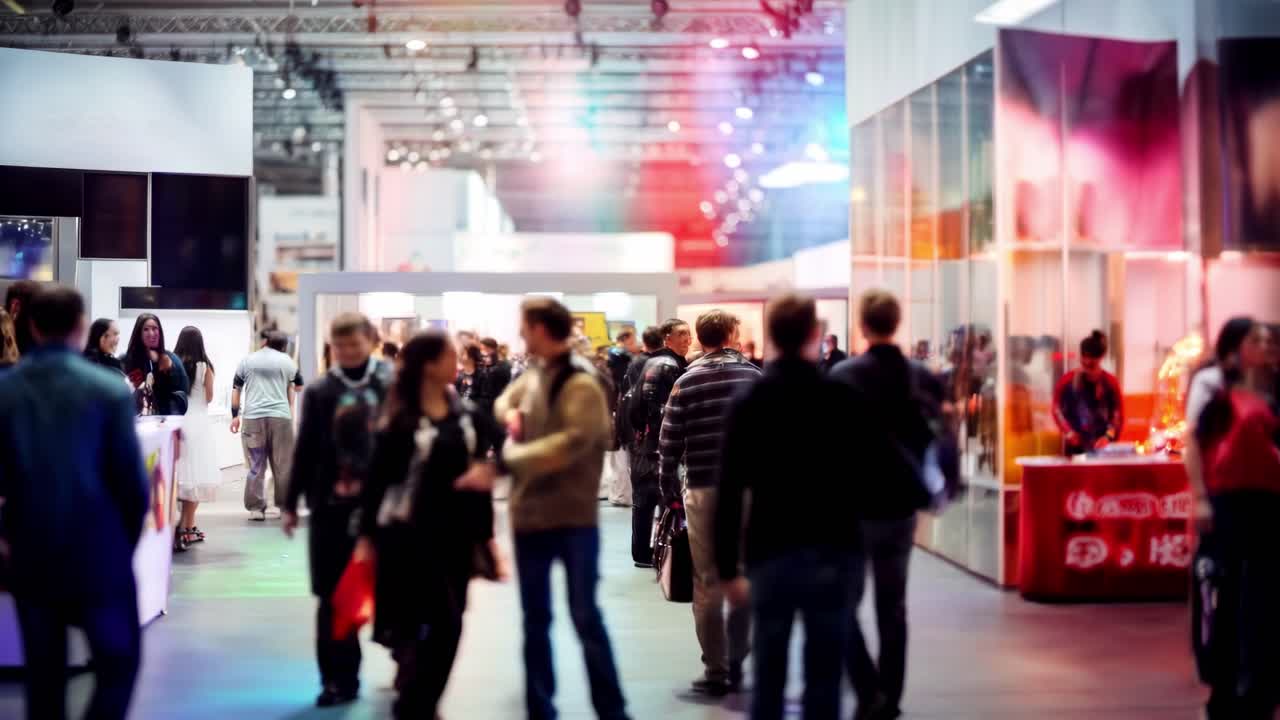 A bustling trade show captured from a slightly elevated angle, showcasing vibrant booths
