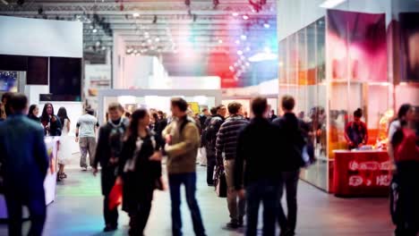a bustling trade show captured from a slightly elevated angle, showcasing vibrant booths