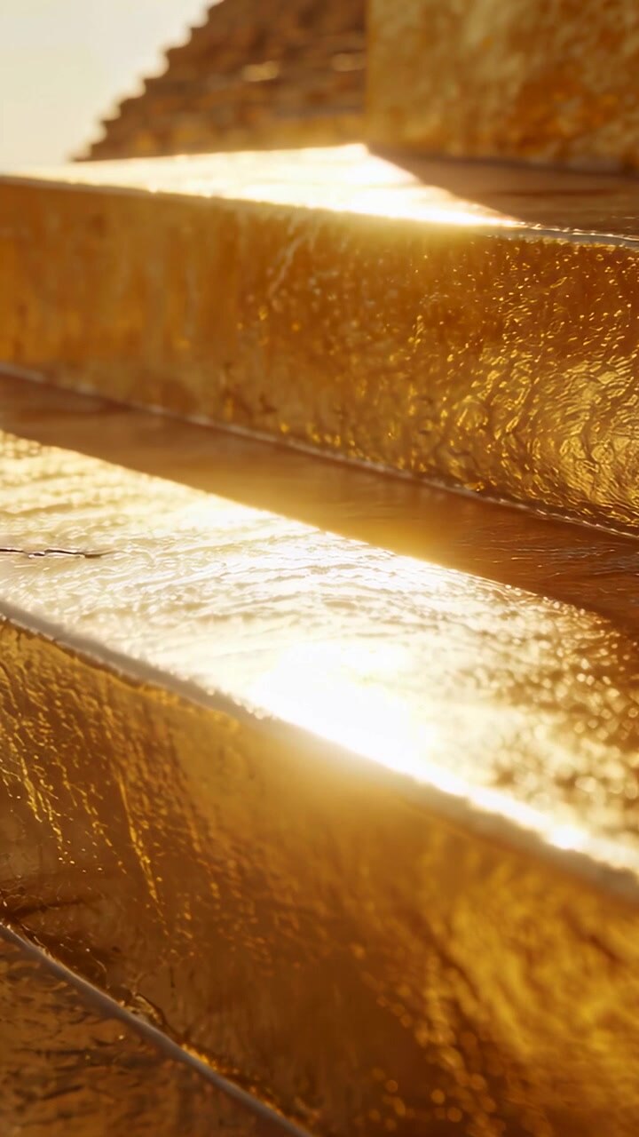 Video verticale: Luce solare mutevole che muove bagliori su due gradini dorati mostrando striature sulla linea del tetto