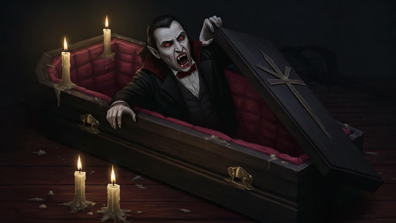 A Fearsome Vampire Emerges from His Coffin Surrounded by Flickering Candles, Illustrating the Classic Horror of Undead Legends and Captivating Gothic Imagery in a Dark Scene