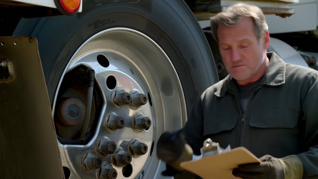 A man inspecting or working on a truck tire and wheel