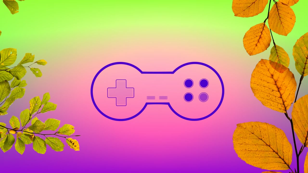 Animation of gamepad icon over leaves on purple background