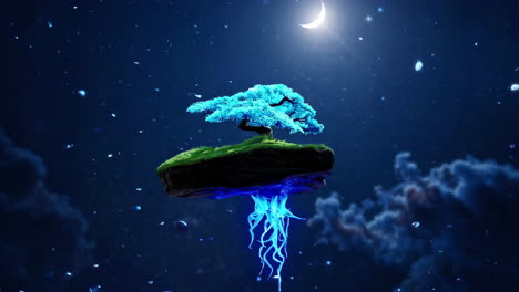 floating bonsai tree in a glowing night sky