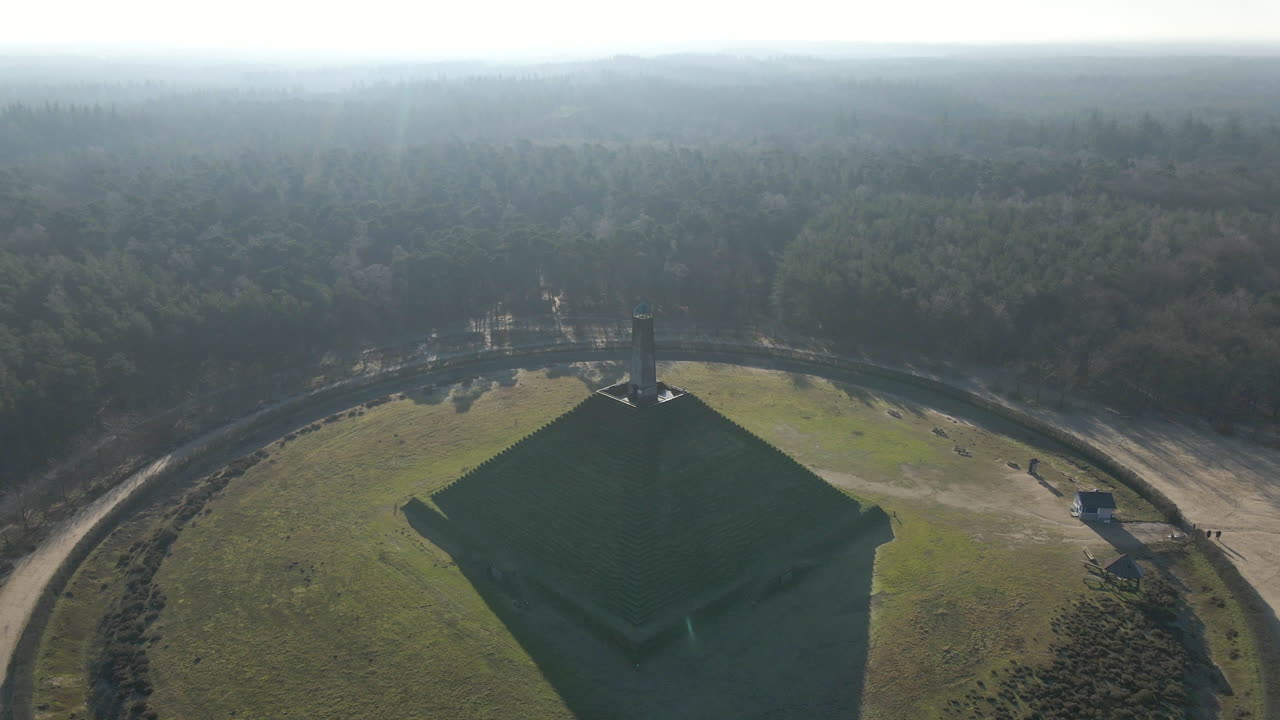 Aerial of Austerlitz Pyramid in the Netherlands on a sunny day. The Piramide van Austerlitz is a monument in the Netherlands, built in 1804 as a tribute to Napoleon Bonaparte.