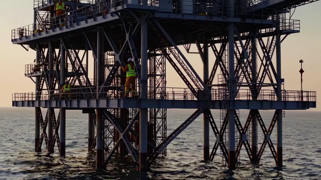 Low-angle shot of an offshore oil rig at sunset, capturing workers in safety gear