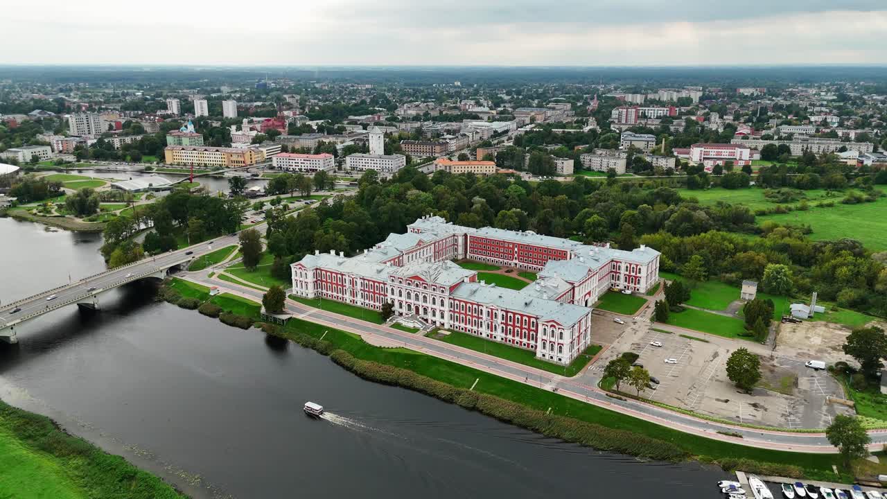 Aerial view of Jelgava city, Latvia with river and urban landscape