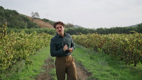 man inspecting grape plantation walking road between grapevine rows. vineyard