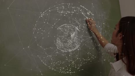 animation of a teacher writing on a blackboard with a globe made of dots spinning in the foreground.