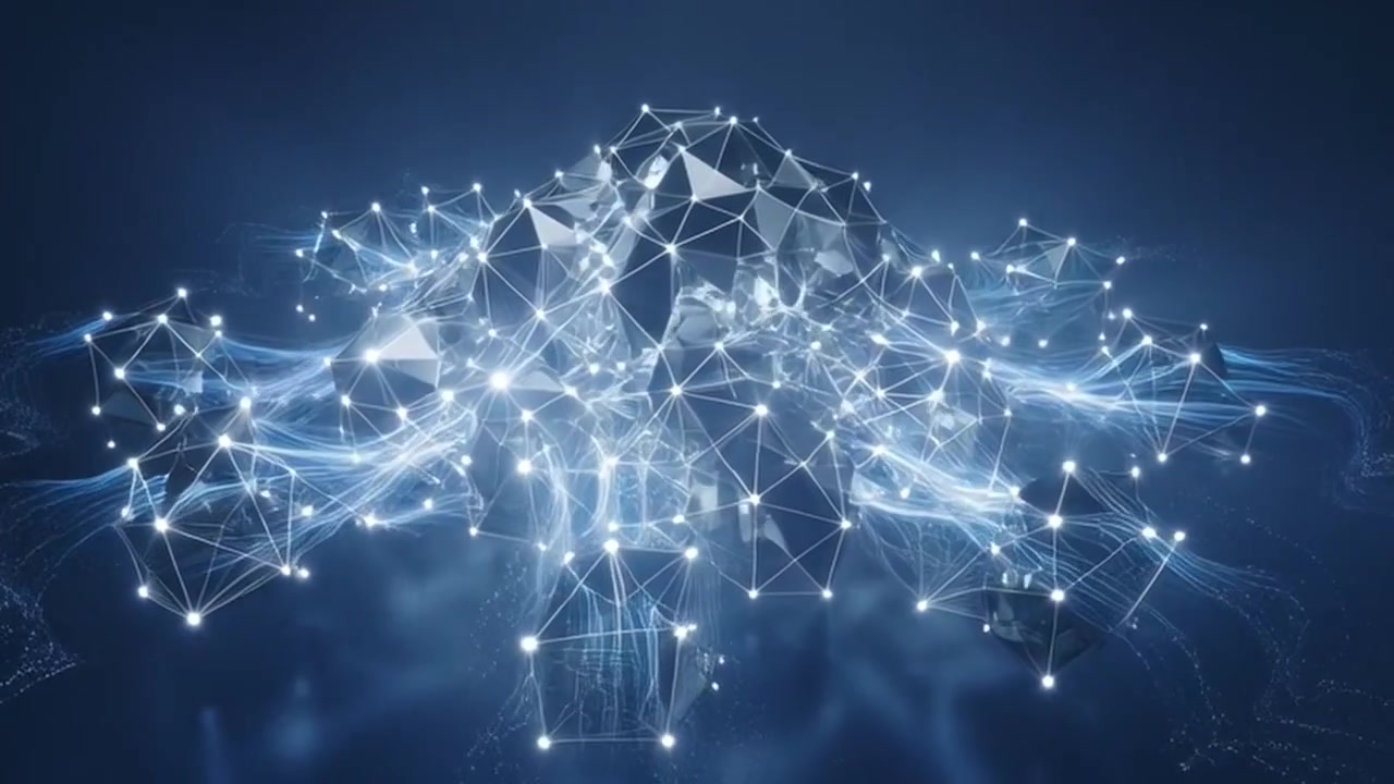 Abstract Digital Network Connecting Geometric Shapes with Glowing Light Streams