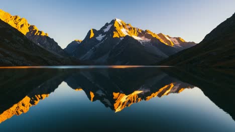 breathtaking mountain reflection at sunset captured in serene lake landscape, showcasing the majestic peaks and tranquil waters of nature's wonder