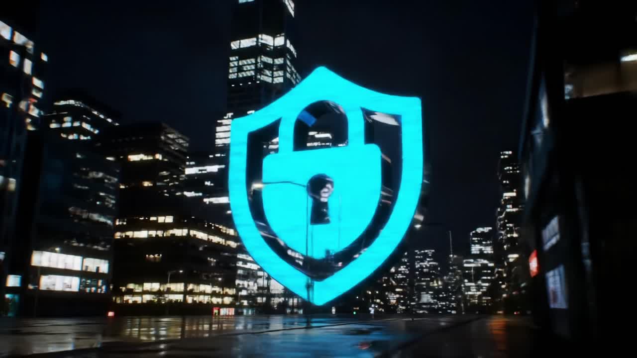 A Futuristic Urban Setting Showcasing a Digital Security Shield Shine Brightly at Night, Emphasizing Modern Protection in a Lively Cityscape Enveloped by Twinkling City Lights