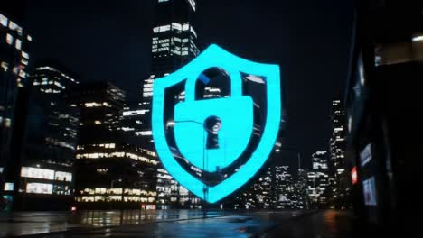 a futuristic urban setting showcasing a digital security shield shine brightly at night, emphasizing modern protection in a lively cityscape enveloped by twinkling city lights