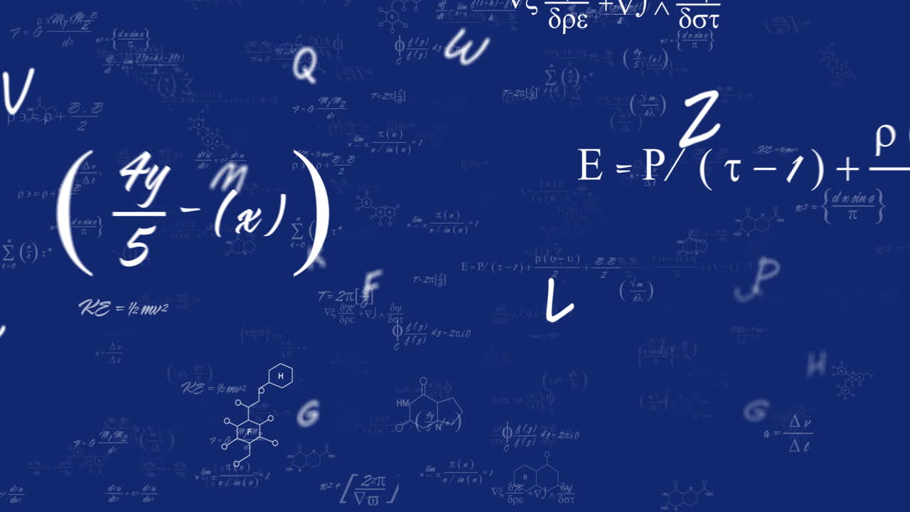 animación de los alfabetos ingleses, estructuras químicas y flotando contra un fondo azul