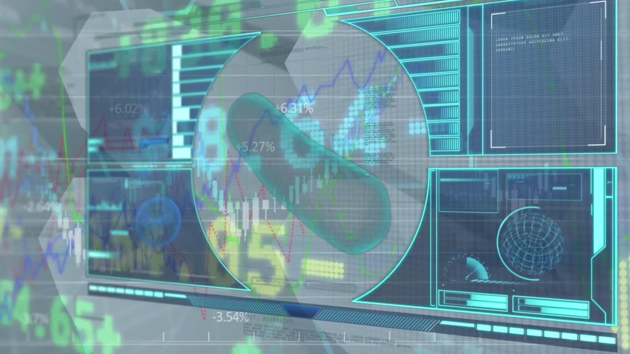 animación de la interfaz digital y el procesamiento de datos del mercado de valores contra un fondo gris.