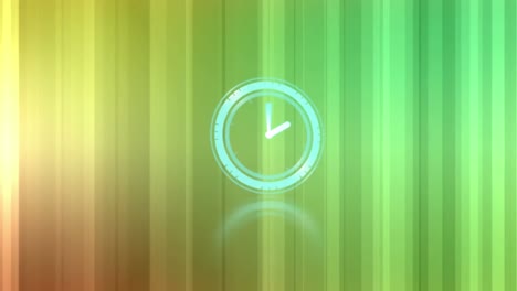 neon green digital clock ticking against yellow and green gradient striped background