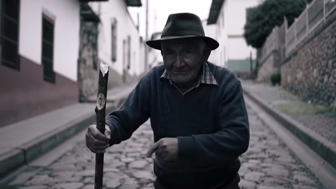 A Resilient Elderly Man Navigates a Cobblestone Street, Using a Sturdy Walking Stick to Support His Journey Through the Quaint Village Environment