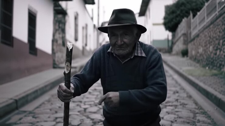 Un anziano uomo resiliente percorre una strada acciottolata, usando un robusto bastone da passeggio per sostenere il suo cammino attraverso il pittoresco ambiente del villaggio.