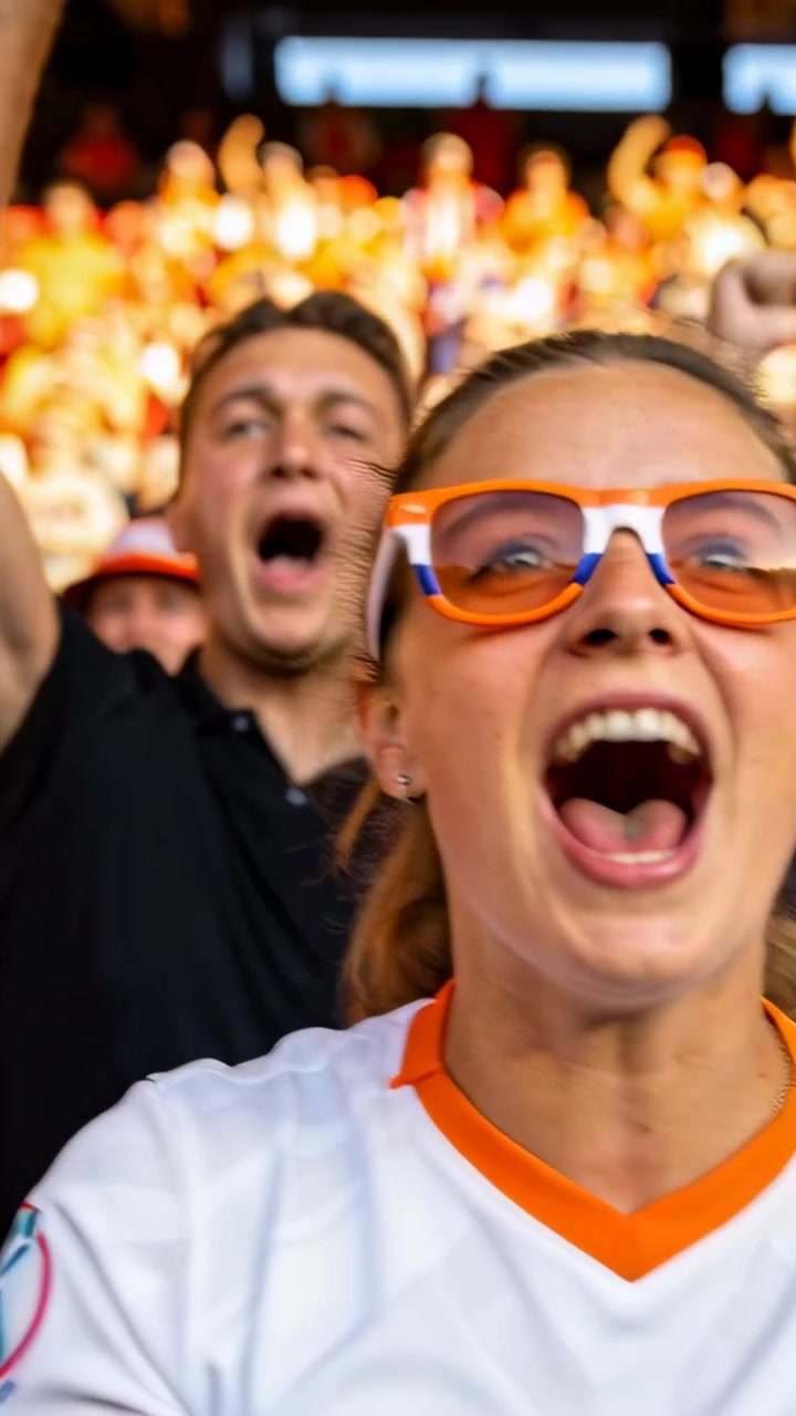 Video verticale: Azione da gol che scatena una tifosa che urla e applaude sugli spalti, con occhiali da sole arancioni.