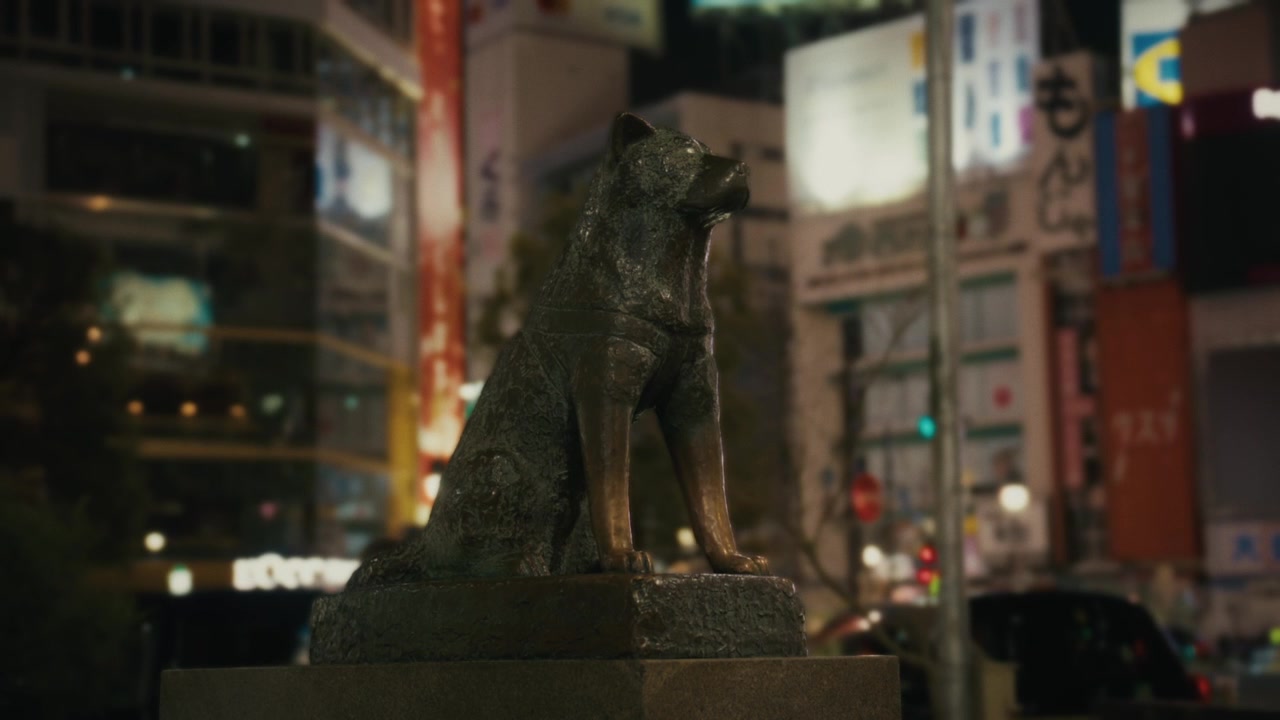 La statua in bronzo di Hachiko alla stazione di Shibuya risplende dolcemente sullo sfondo illuminato al neon di Tokyo di notte, uno dei punti di riferimento più iconici e amati della città.
