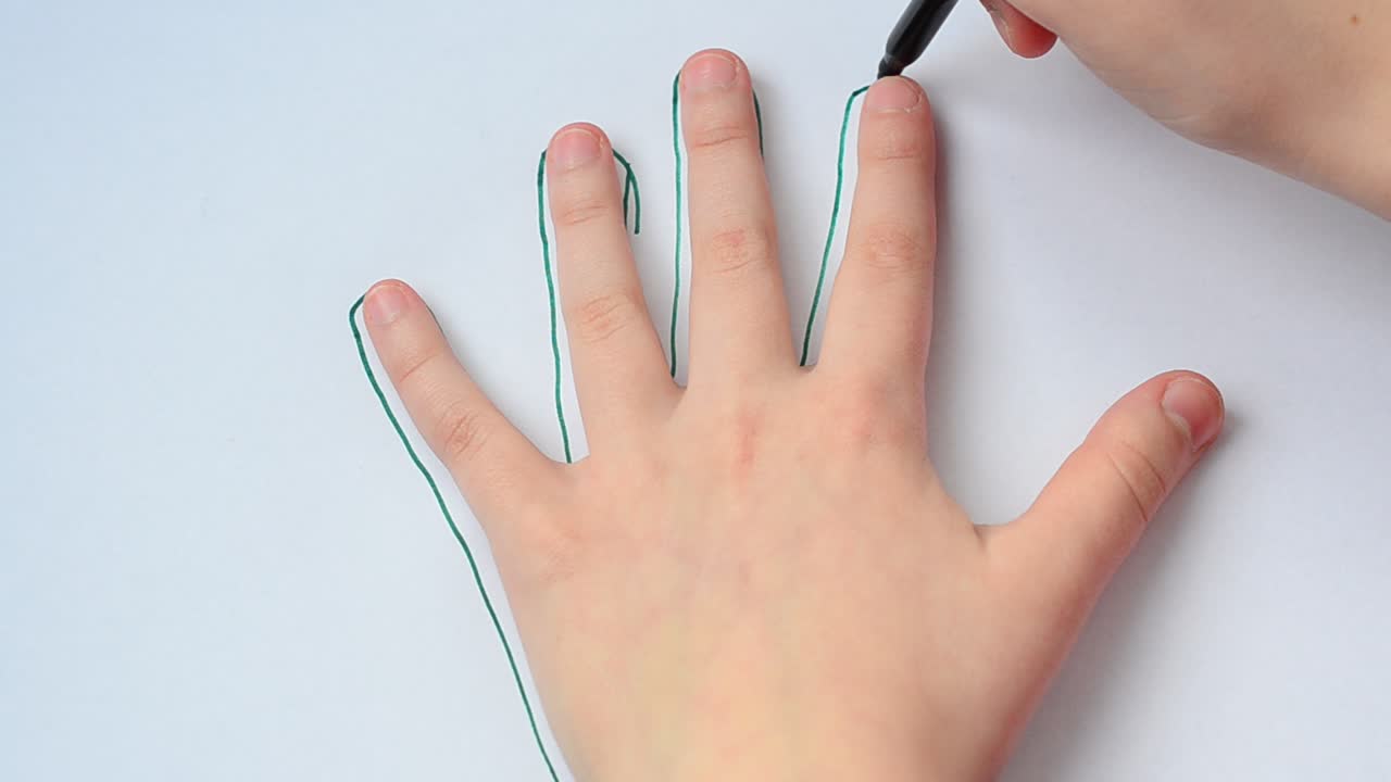 Tracciamo il contorno di una mano su un foglio di carta. Tracciamo il contorno di una mano con un pennarello, una silhouette.