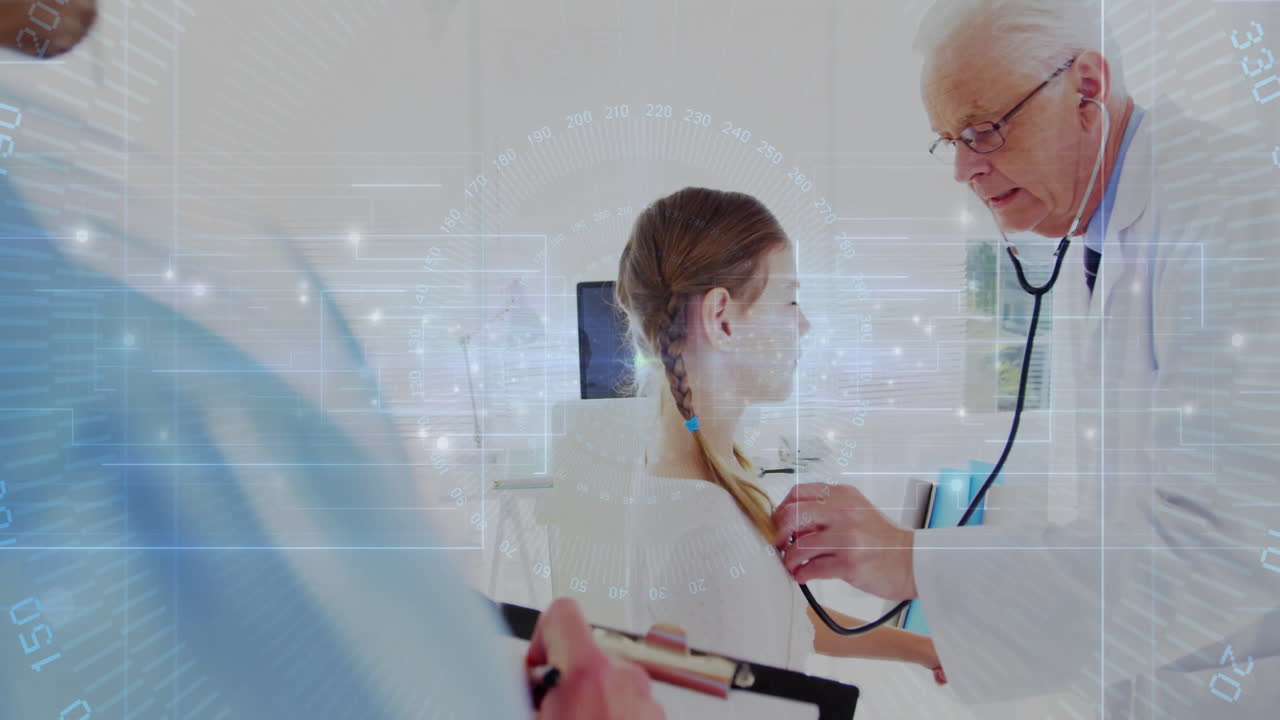 Doctor examining patient with stethoscope, animation overlay in medical setting