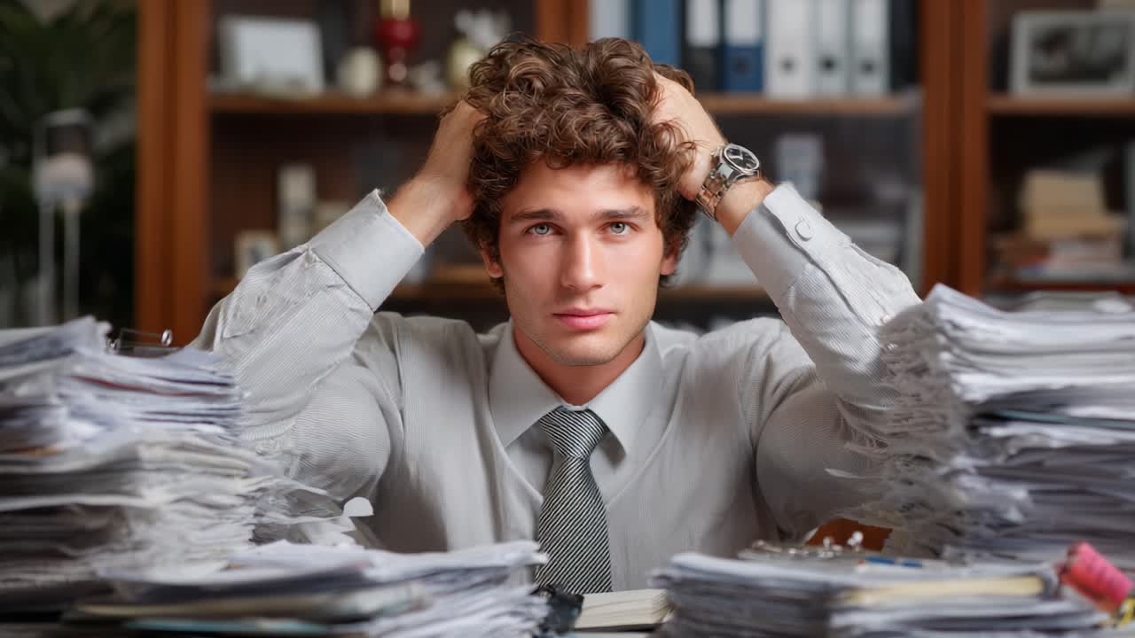A Young Businessman Struggles with Overwhelming Workload, Surrounded by Stacks of Paperwork That Reflect the Stress of Modern Office Life