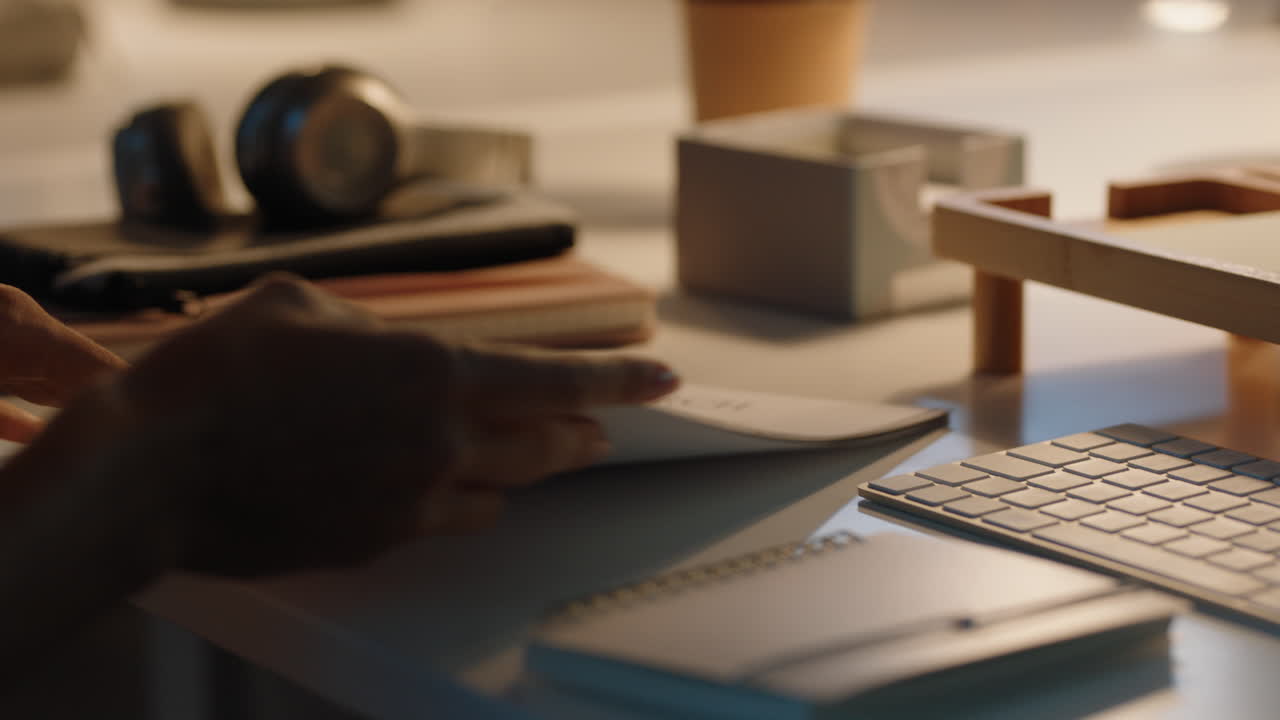 close up business woman hands paging documents reading information on project report working late in office at night