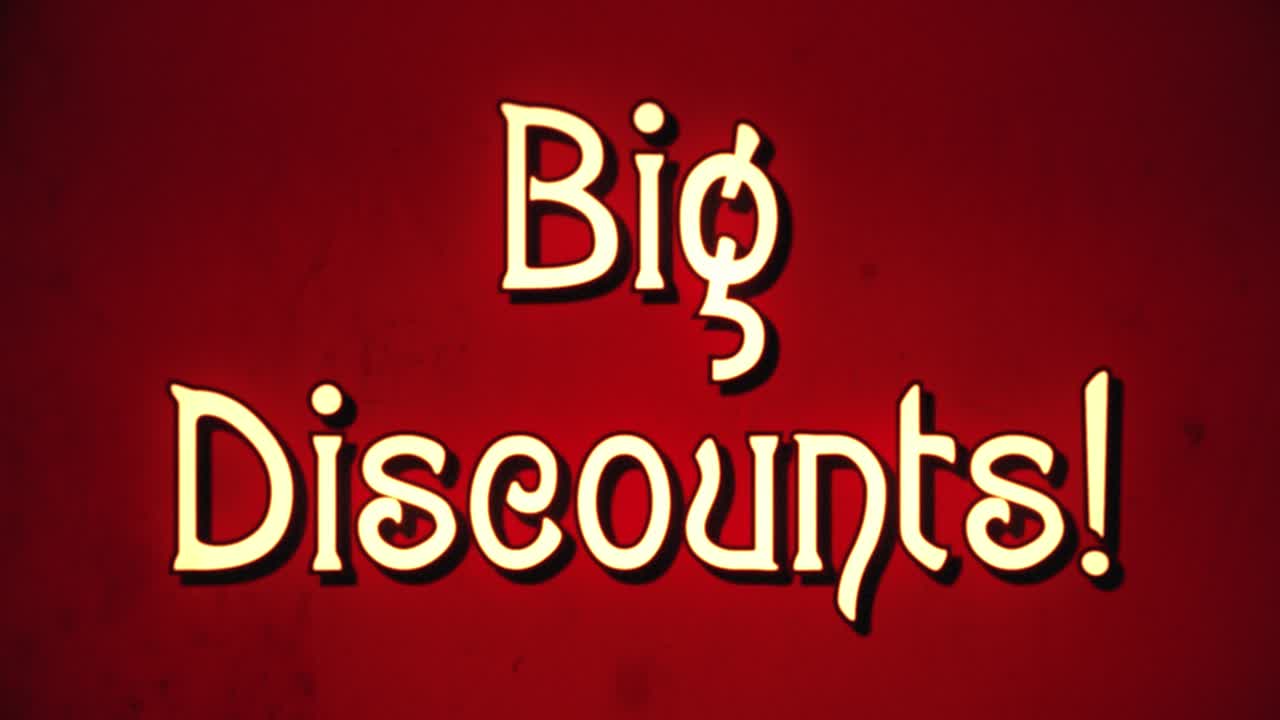 A text message, fancy retro font, 1970s damaged film style, appearing with a letter enlargement animation: Big Discounts
