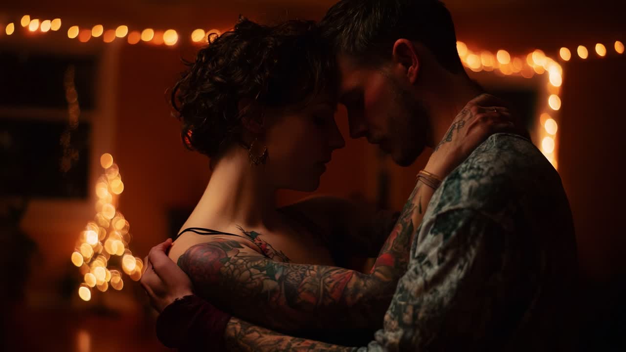 An Intimate Moment Shared Between Two People Embracing in a Cozy Setting, Surrounded by Soft Lighting and Dappled Shadows, Capturing a Deep Connection and Mutual Affection