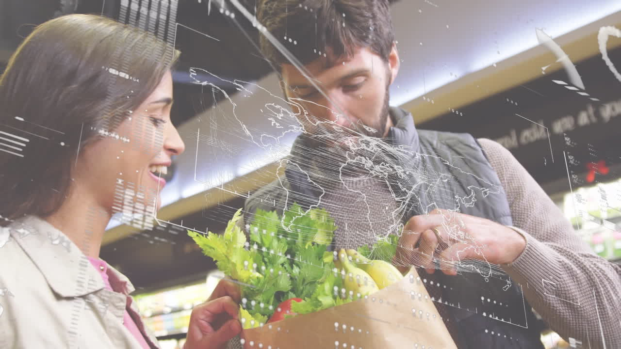 가게에 있는 백인 부부 위의 세계 지도와 함께 금융 데이터 처리의 애니메이션