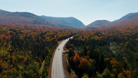 side pan as cars passing by on a road surrounded with fall foliage in new hampshire from an aerial view