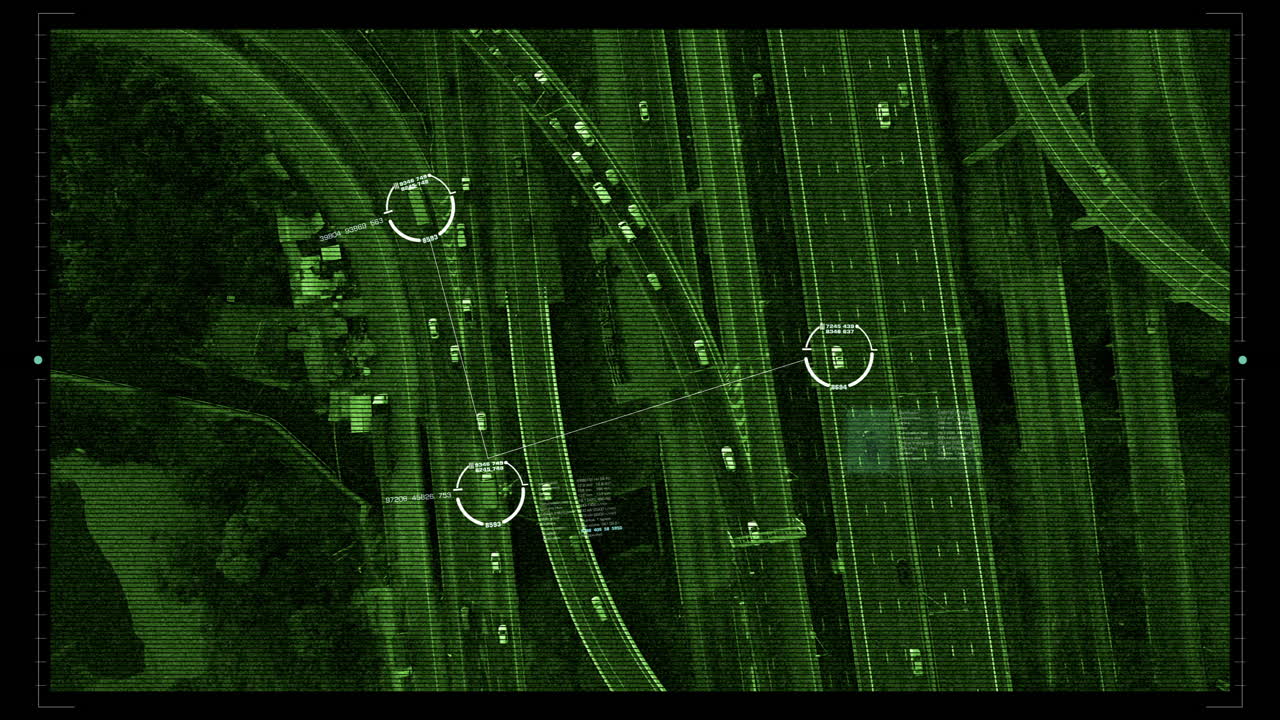 Futuristic HUD satellite car surveillance and identification counter terrorist monitoring highway traffic for possible enemy target vehicle